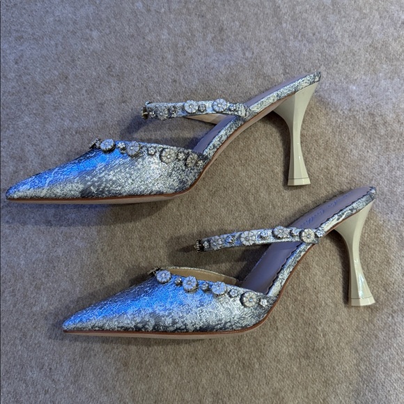 Antonio Melani/Nicola Bathurst Silver Jeweled Pointed-Toe Mule Heels - Picture 2 of 6